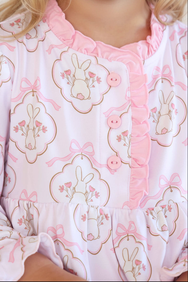 pink and white vintage bunny and bow easter nightgown for girls 