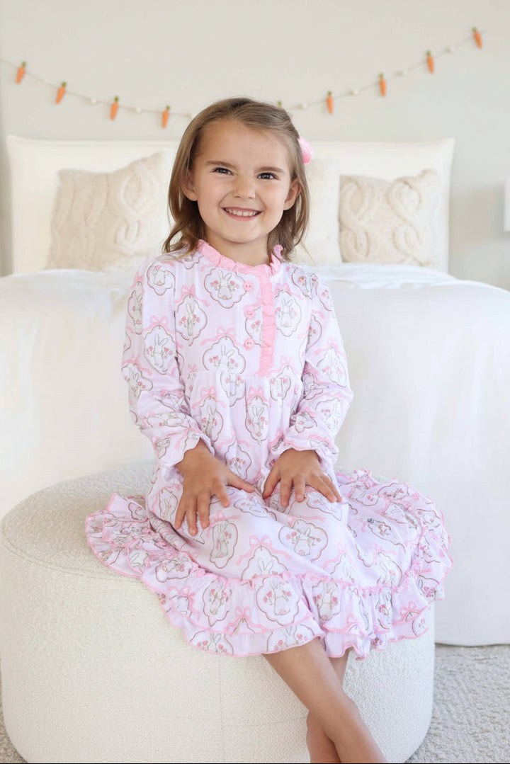 cottontail couture girl's long sleeve easter nightgown pink and white 