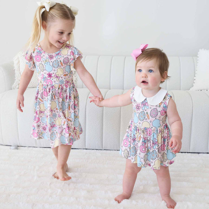 cottontail cuties matching dress and skirt romper for sisters 
