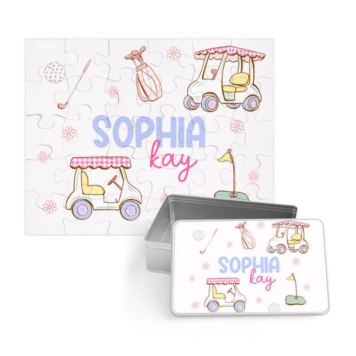 pink golf personalized puzzle with tin
