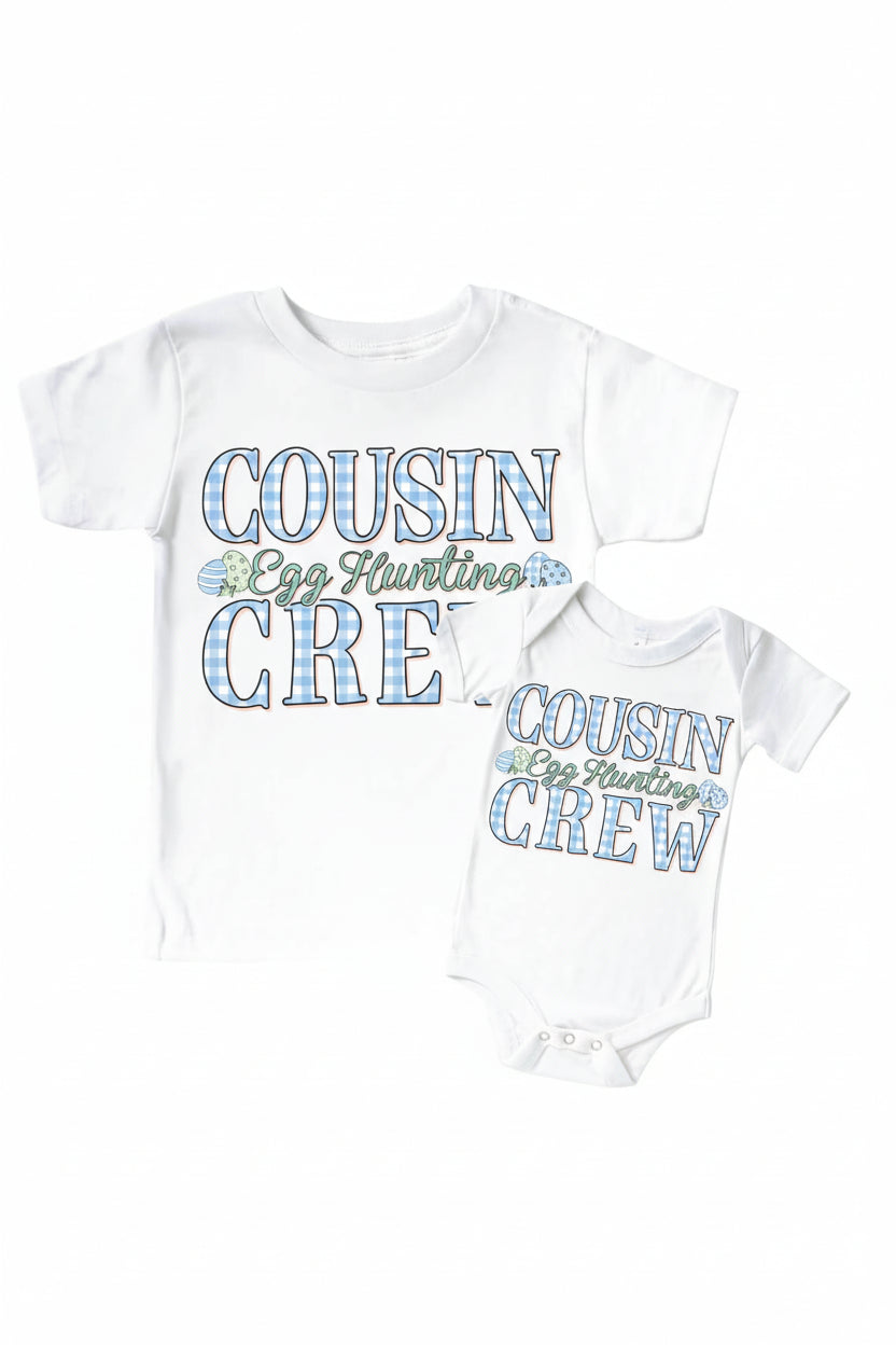 cousin egg hunting crew graphic tee and bodysuit for easter