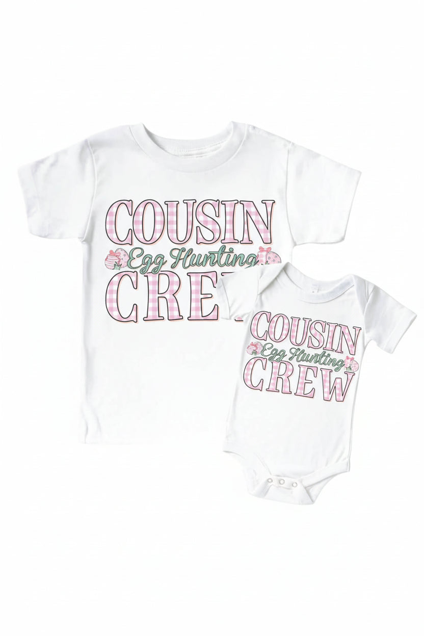Cousin Egg Hunt Crew Pink Graphic Bodysuit & Kids Tee | White