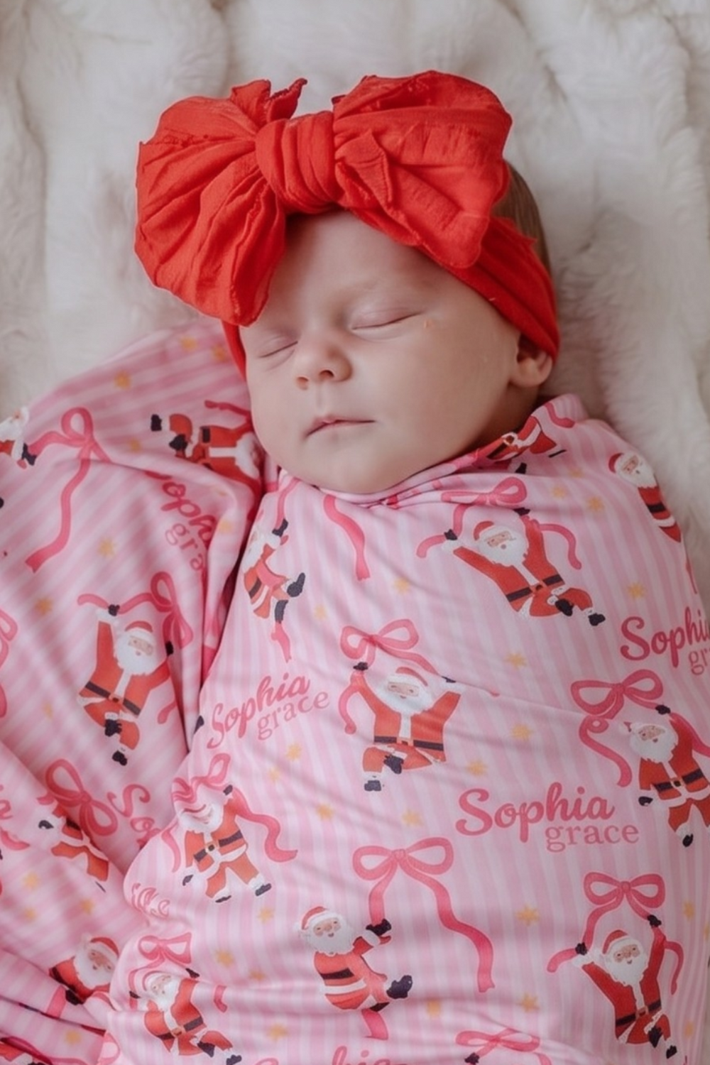 Baby wrapped in a personalized Caden Lane Christmas swaddle blanket featuring Santa and bows, paired with an oversized red bow headwrap for a festive holiday look.