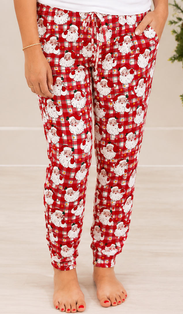 Caden Lane Cozy Claus women's pajama joggers – red plaid with vintage Santa face print, cuffed ankle, front pockets