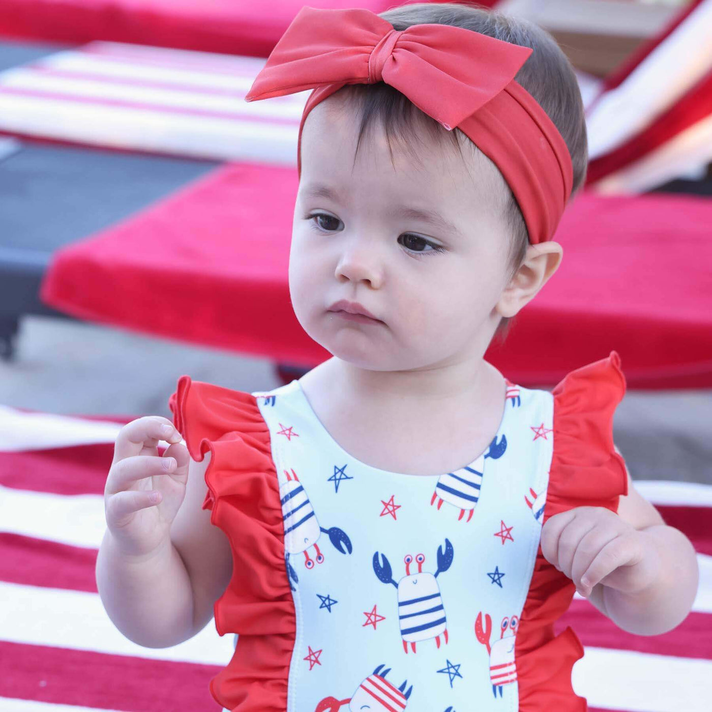 red white and blue crab one piece with ruffles