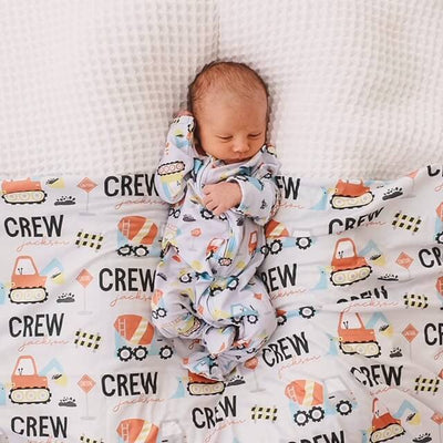 crew's construction personalized baby name swaddle 