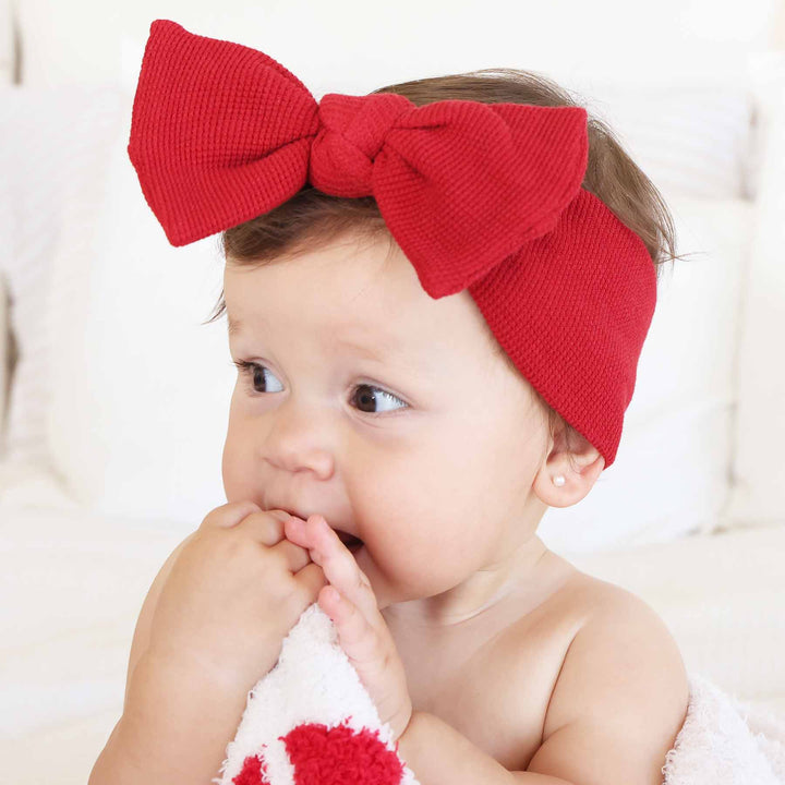 crimson waffle knit large bow headwrap for babies 