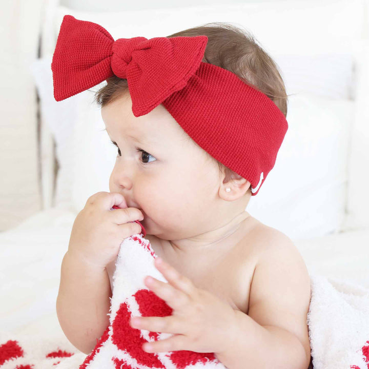 red waffle knit large bow headwrap for babies 