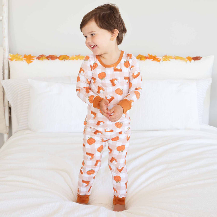 pie and pumpkin two piece pajama set for kids thanksgiving