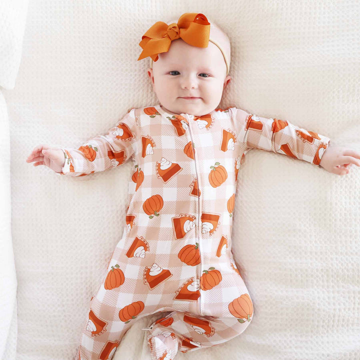 tan and white gingham with pumpkin pie and pumpkins footie for babies thanksgiving 