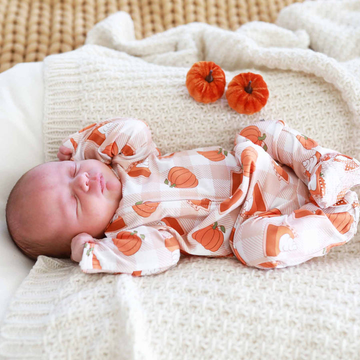 thanksgiving zipper footie for babies with pie and pumpkins