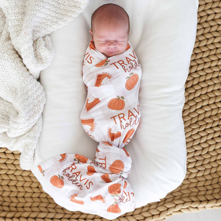 pumpkin and pie personalized swaddle blanket for newborns