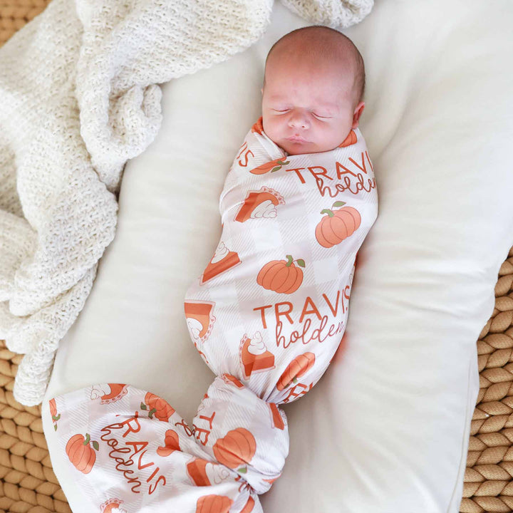 thanksgiving personalized swaddle blanket with pumpkins and pie