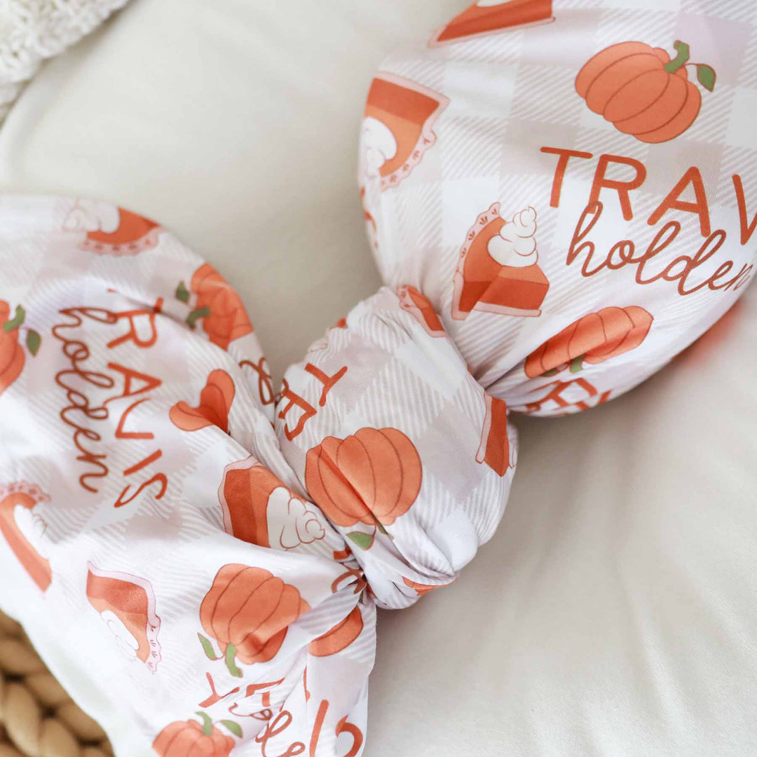 pie and pumpkin personalized thanksgiving swaddle blanket for babies