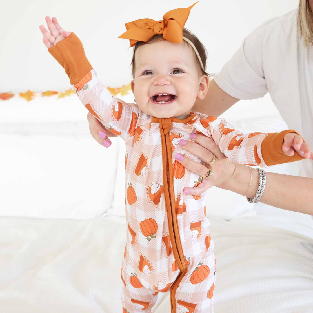 thanksgiving pie and pumpkin pajama romper for babies