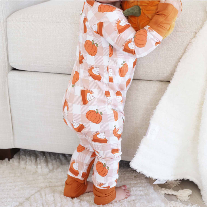 thanksgiving pajama romper for babies pumpkin pie and pumpkins