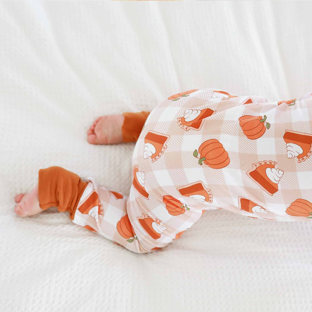 pie and pumpkin pajama romper for babies