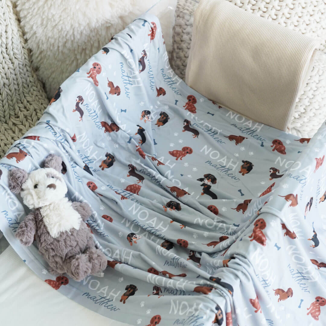 personalized baby name swaddle blanket dachsund 