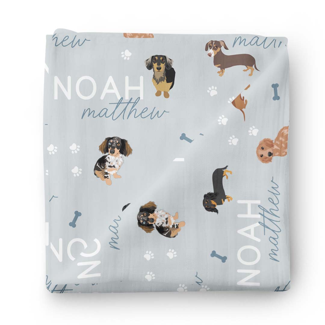 blue personalized swaddle blanket dachsund 