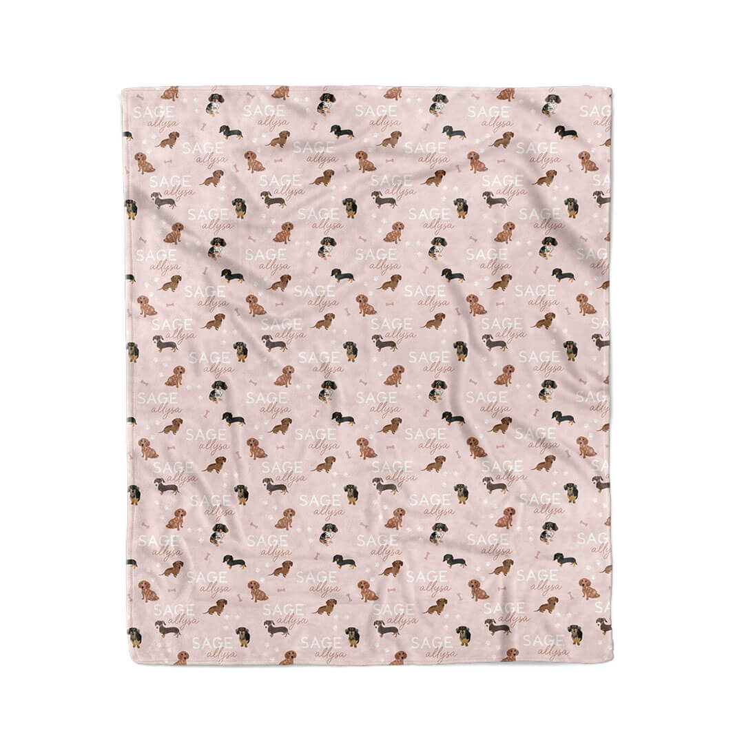 pink personalized kids blanket with wiener dogs