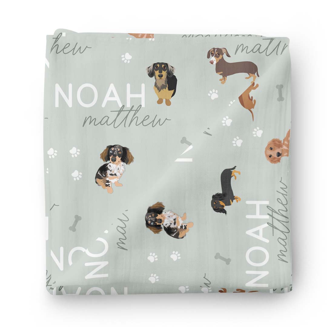 dachsund sage personalized swaddle blanket 