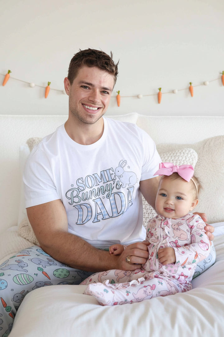some bunny's dada easter graphic tee with matching pajama pants and footie for baby girls 