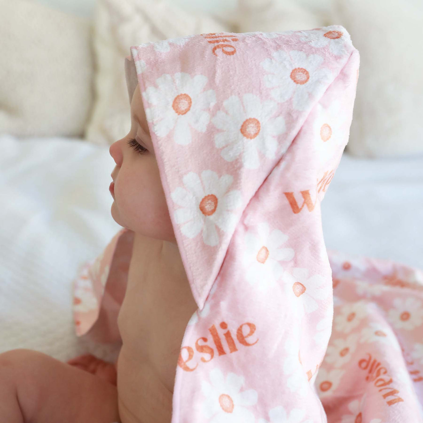 peach hooded baby towel with flowers 