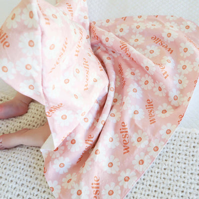 personalized hooded baby towel peach with daisies for toddler 