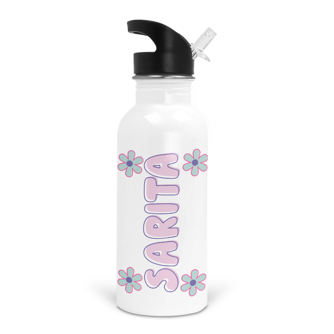 purple and blue daisy personalized kids water bottle 