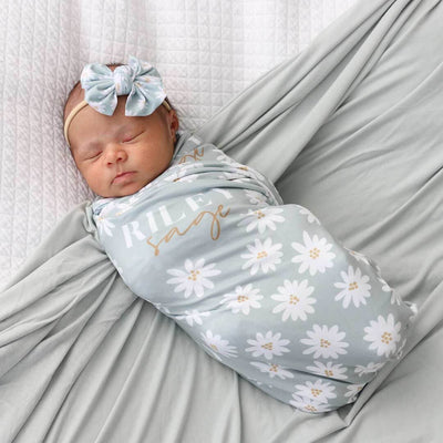 daisy soft green personalized swaddle blanket
