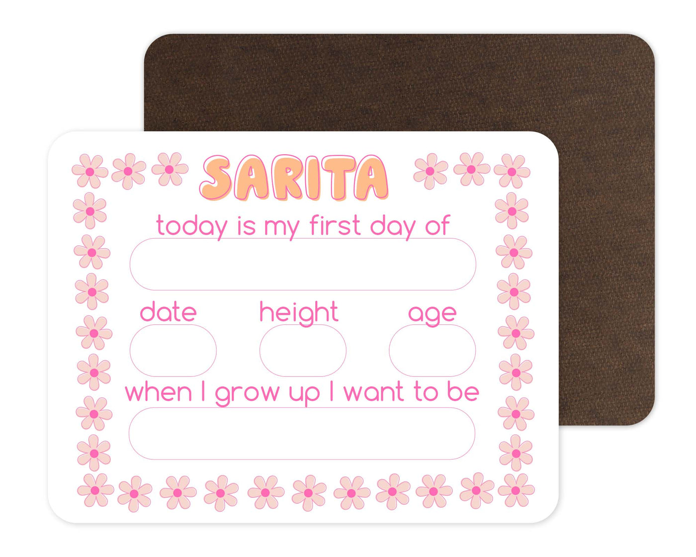 daisy pink and orange personalized kids whiteboard first day of school 