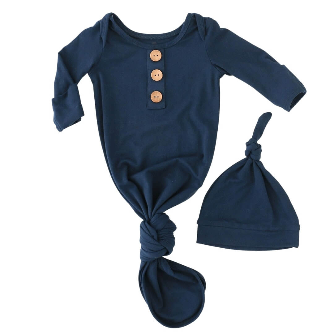 dark navy knot gown and hat set 