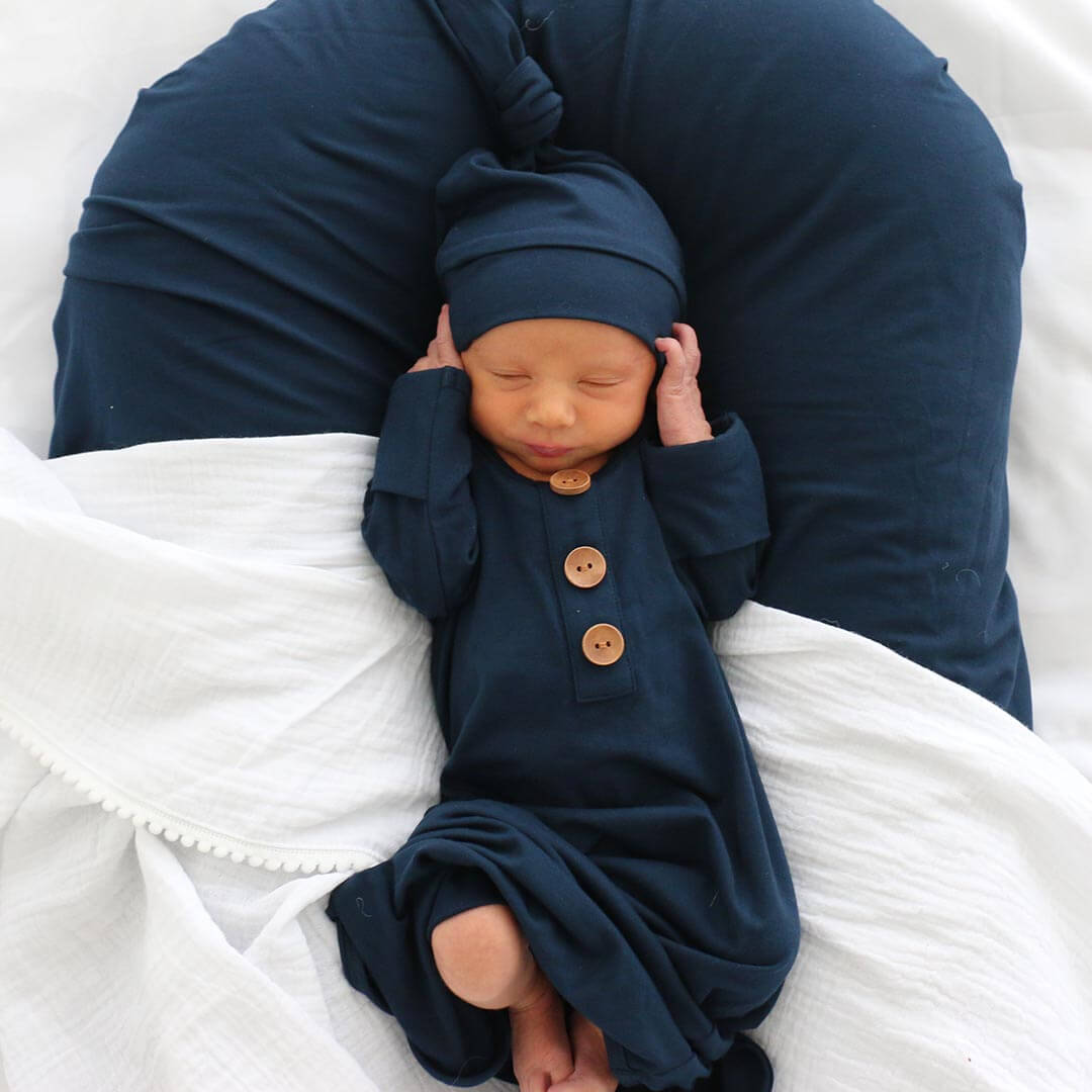 navy knot gown and hat set for newborns
