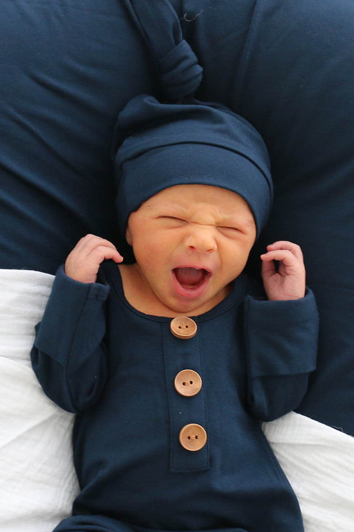 solid dark navy bamboo knot gown and hat set 