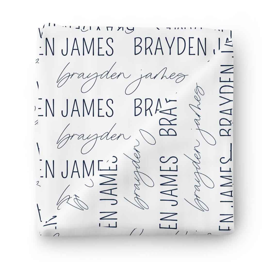 personalized baby name swaddle blanket navy on white 