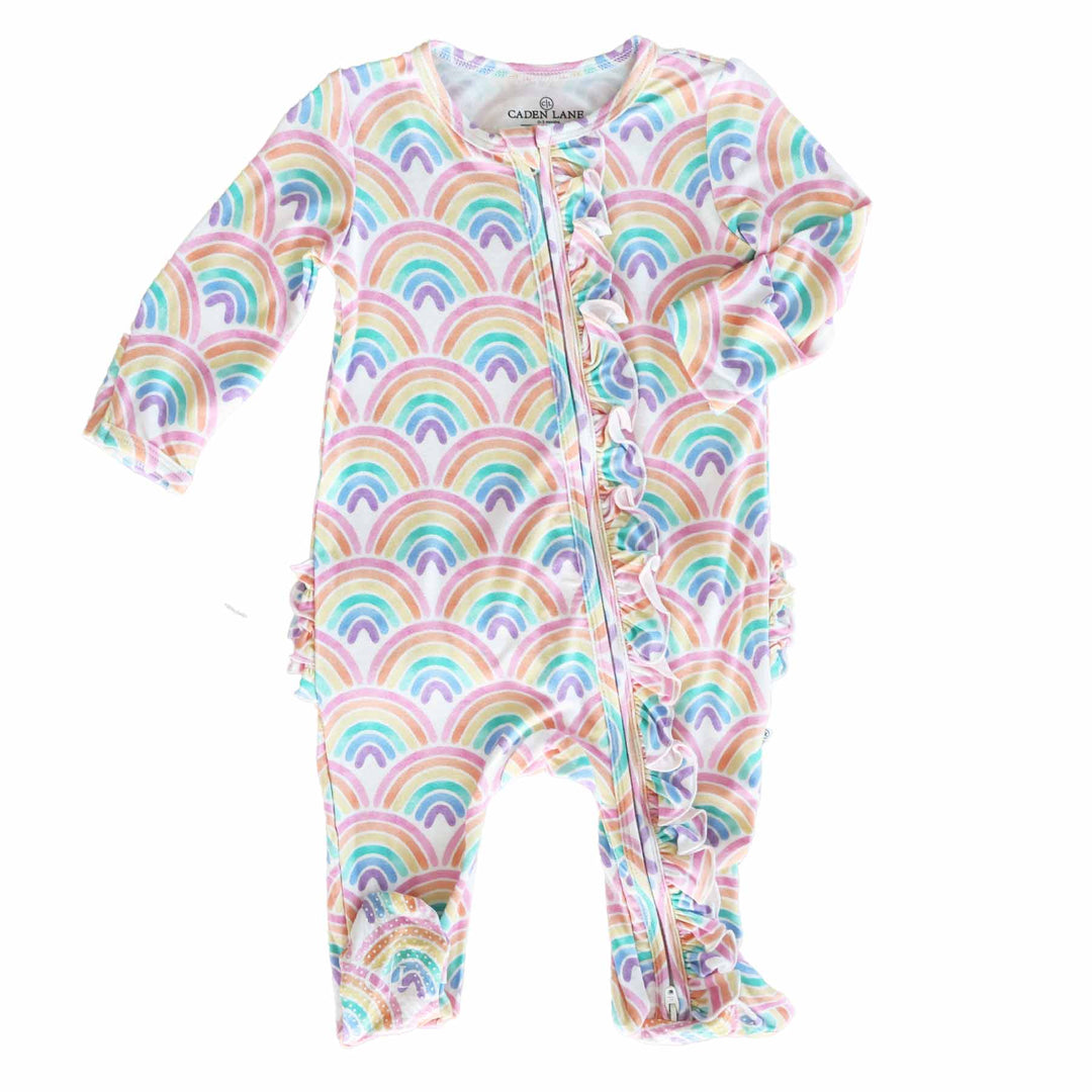 ruffle zipper footie for girls rainbows