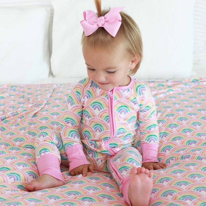 pastel rainbow pajama romper for babies 