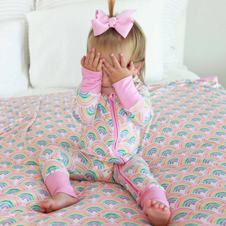 convertible zip rainbow pajama romper for baby girls 