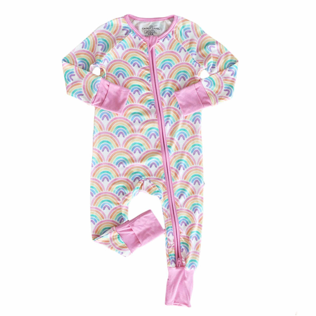 bamboo baby pajama romper with pastel rainbows and convertible flip mitts 