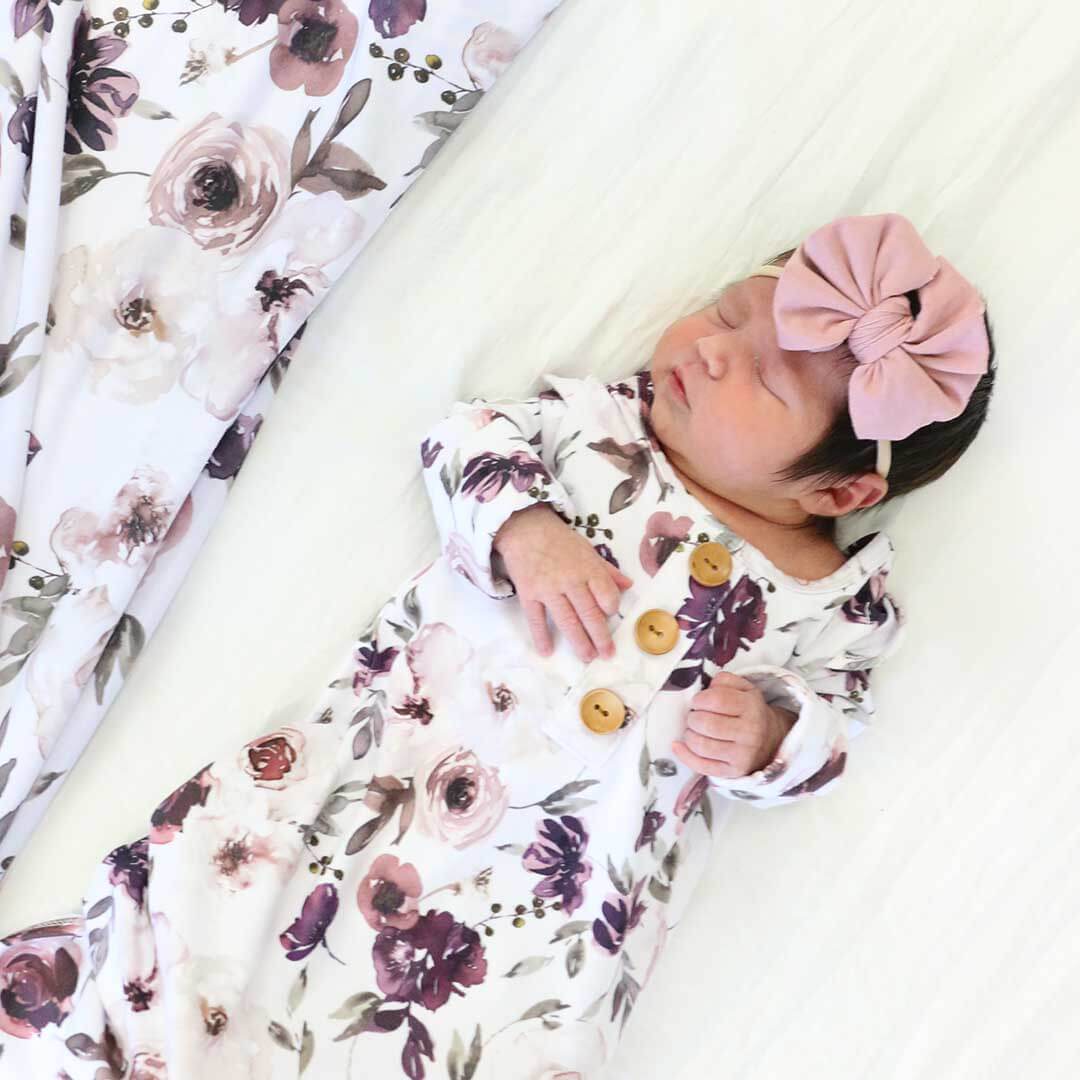 newborn knot gown and hat set dusty purple floral