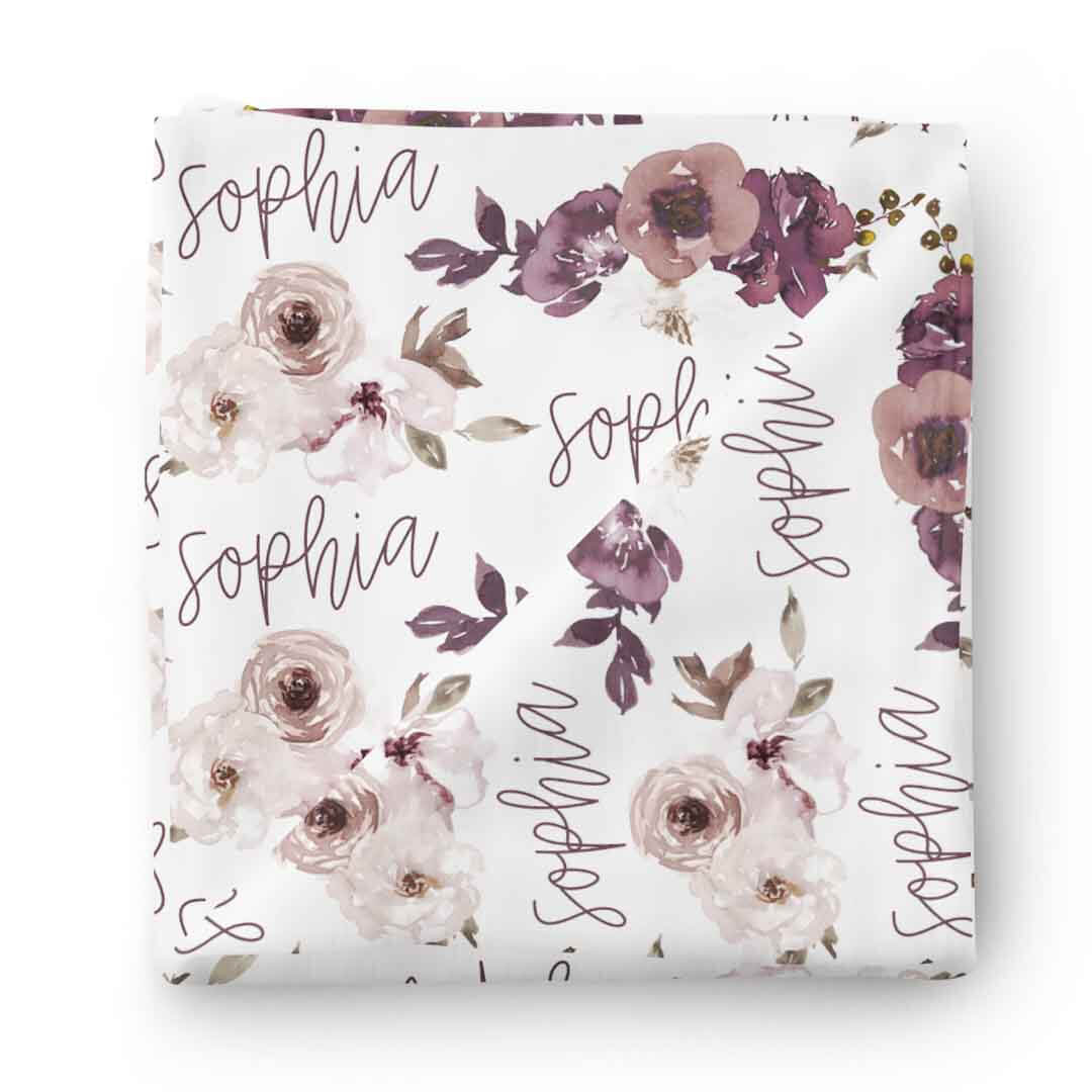 purple floral personalized swaddle blanket 