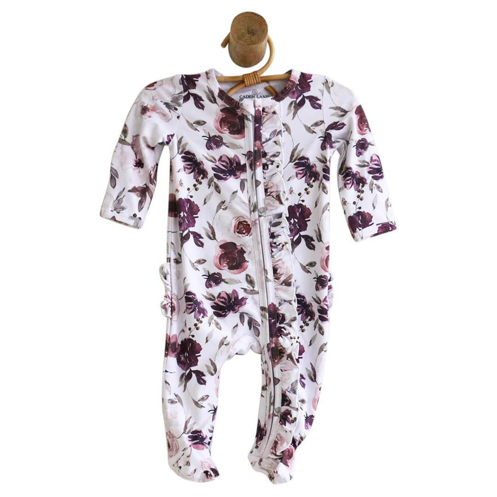 zipper footie dusty purple flowers 