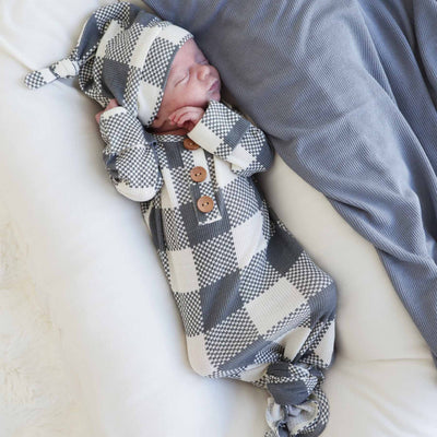 denim waffle check knot gown for newborns