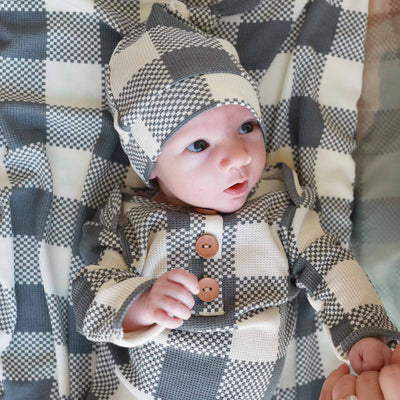 knot gown and hat set for babies denim and cream checkered print