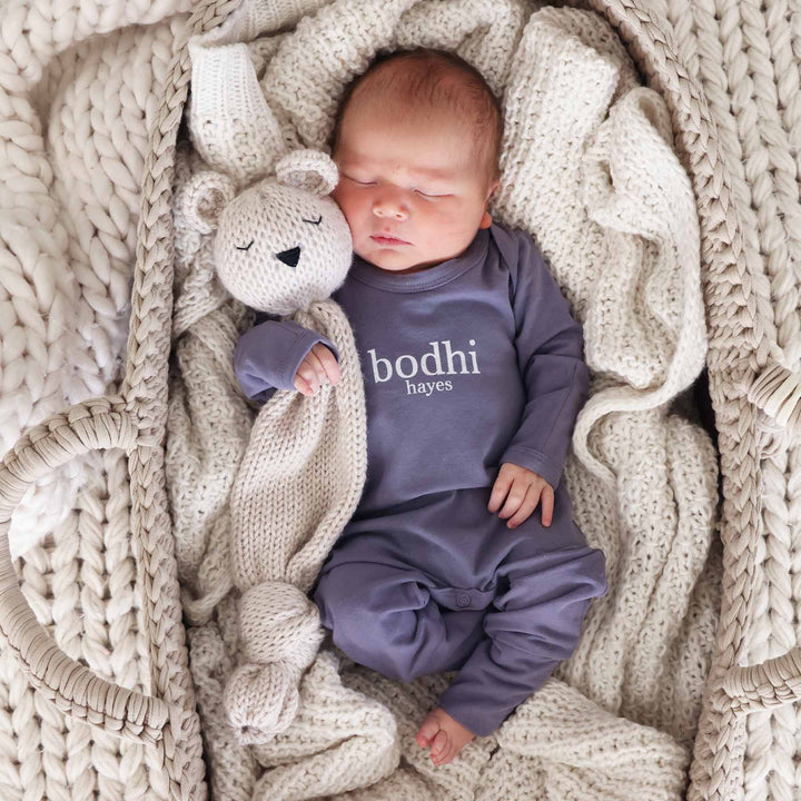 denim personalized long sleeve romper newborn boy outfit