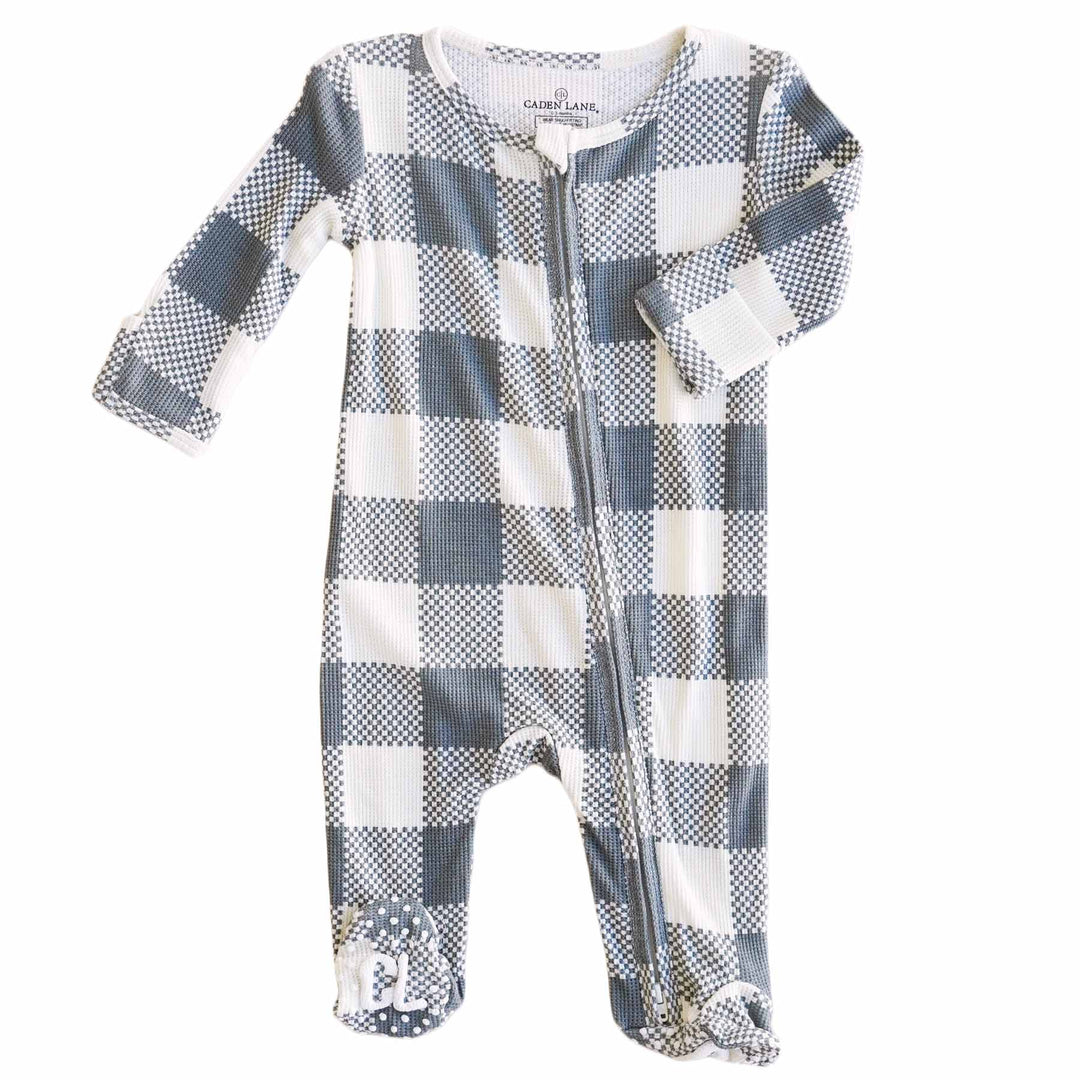 denim printed check waffle bamboo footie for babies