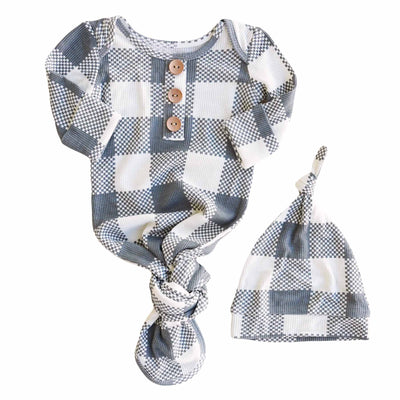 baby knot gown and hat set denim check