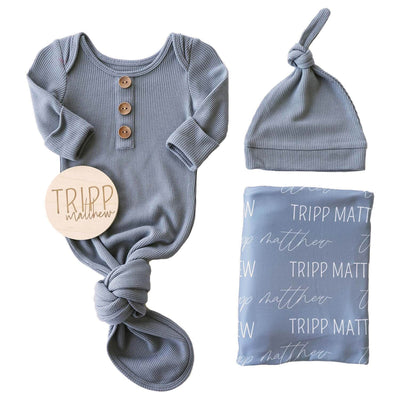 denim waffle knot gown bundle with swaddle and wood sign