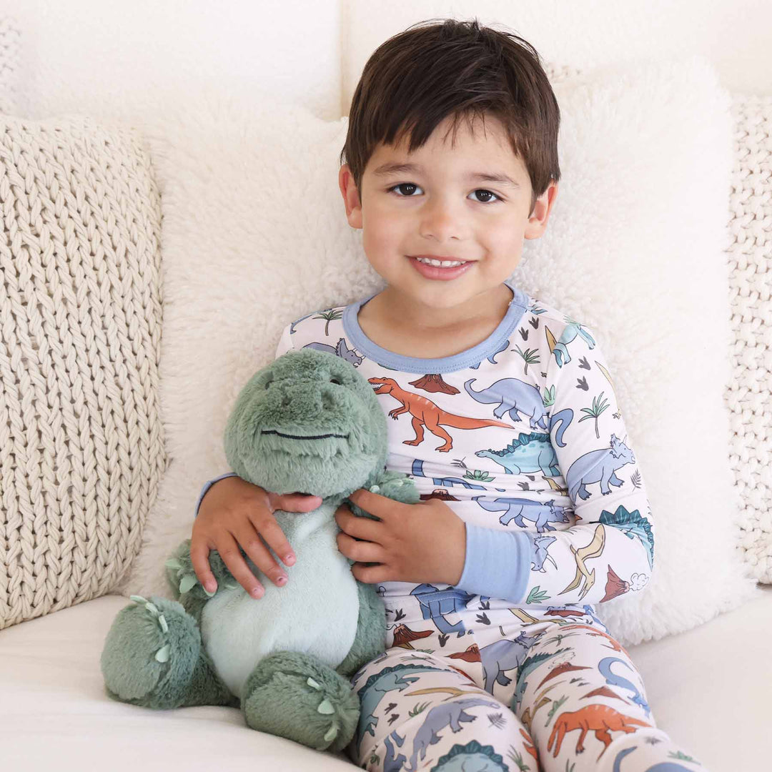 large green stuffed animal for kids with matching dinosaur pajamas for kids