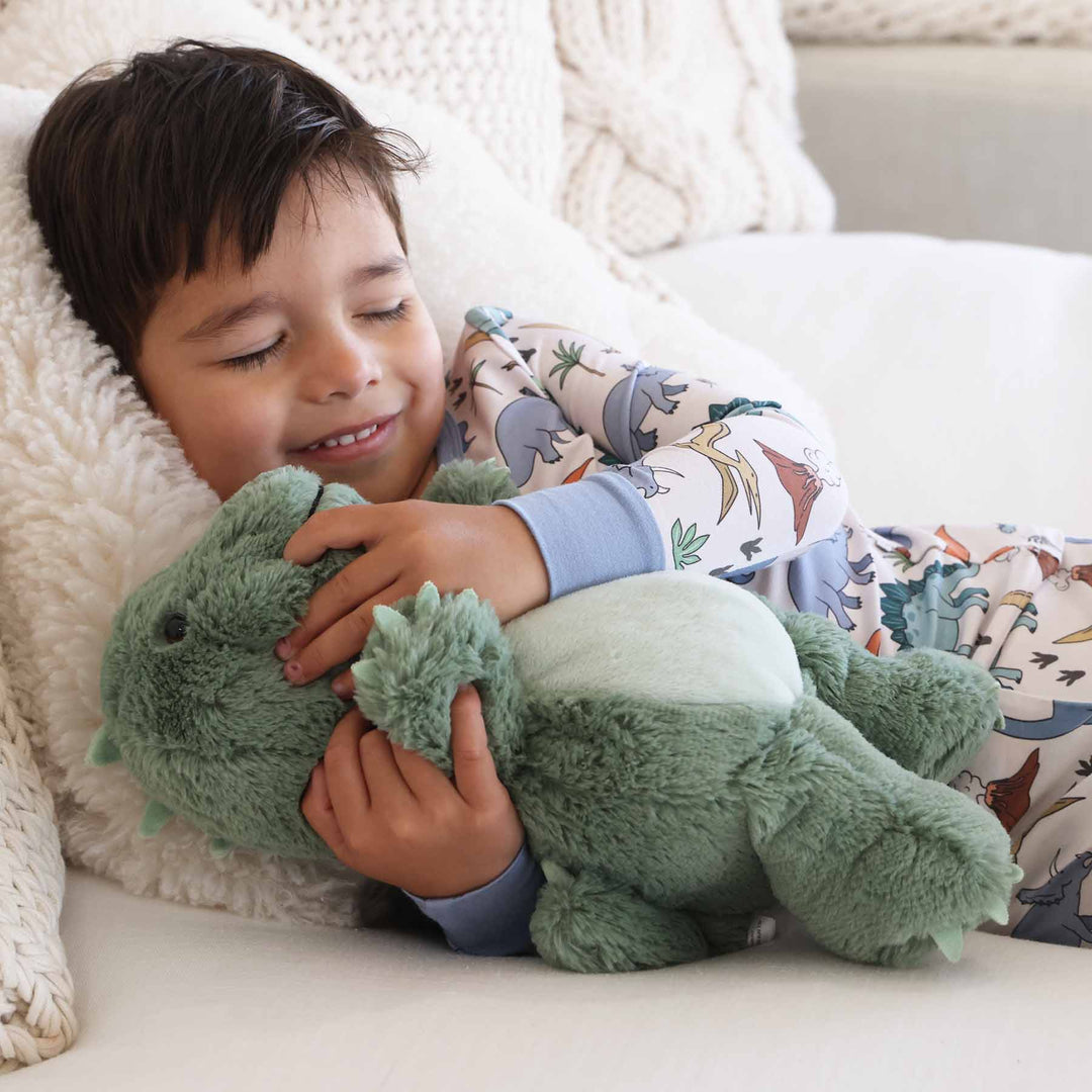 boy hugging green dinosaur stuffed animal